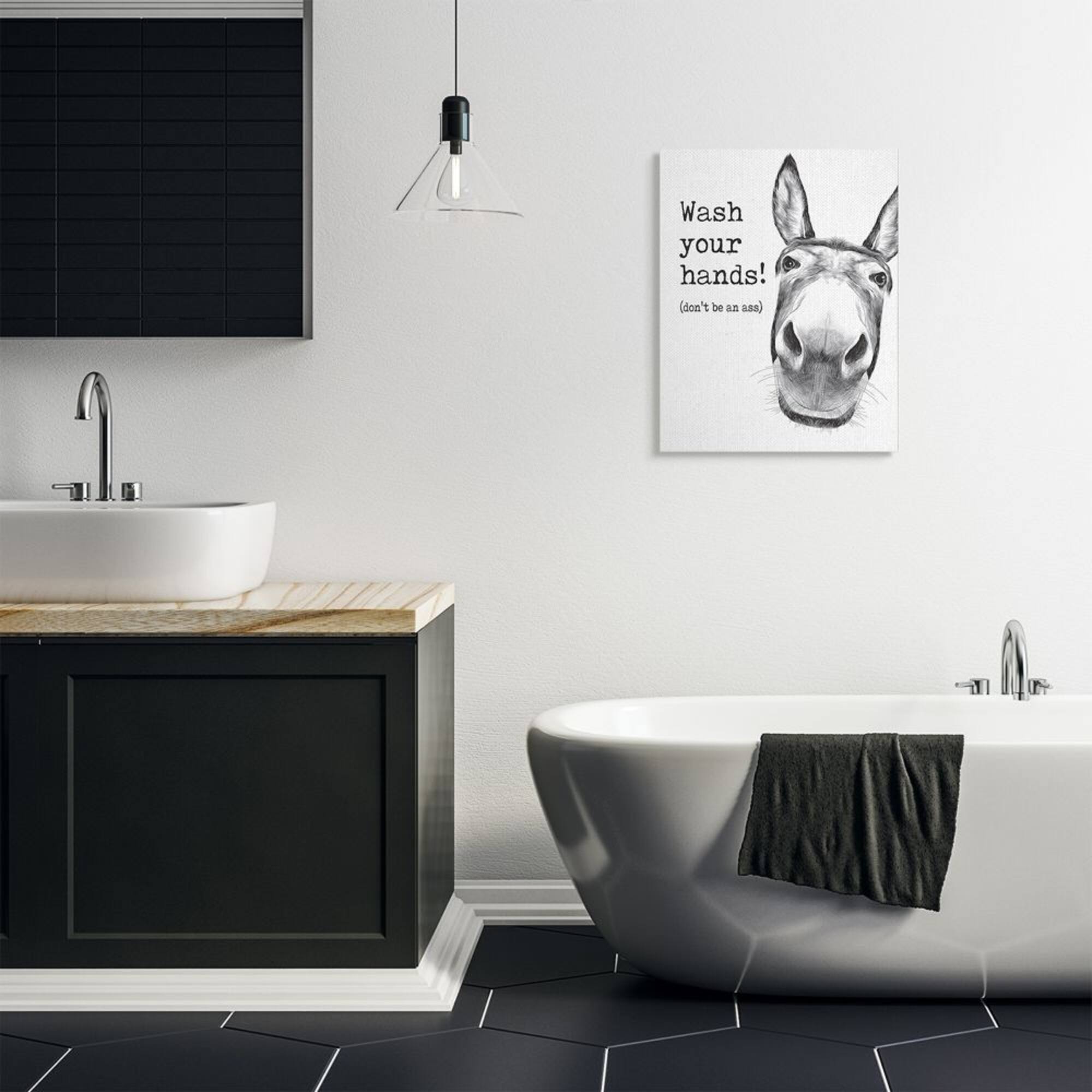 Stupell Industries Wash Your Hands Donkey Quote Bathroom Animal Humor Canvas Wall Art